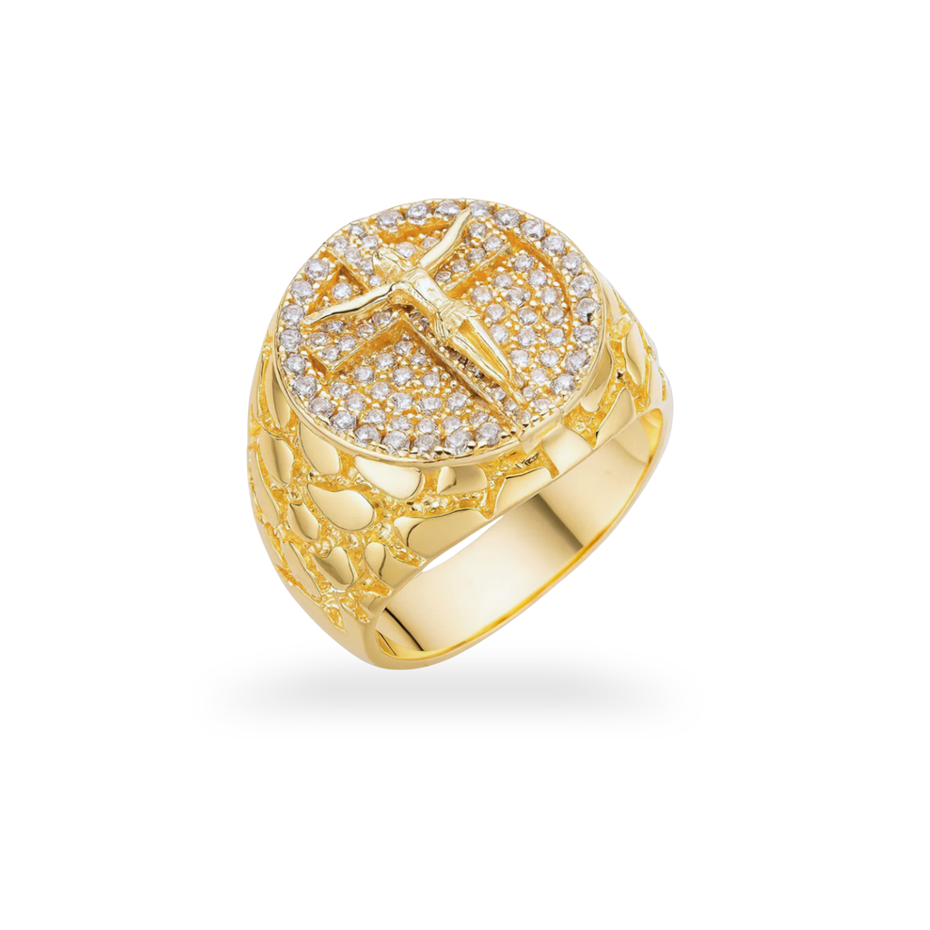 Moissanite Jesus Crucifix Nugget Ring 925 Sterling Silver in 14K Gold